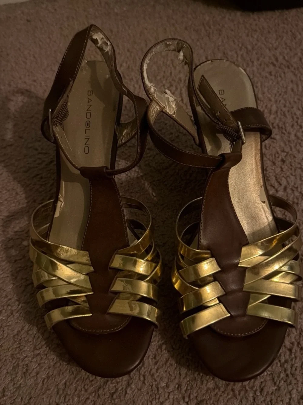Bandolino Brown and Gold Wedge Sandals